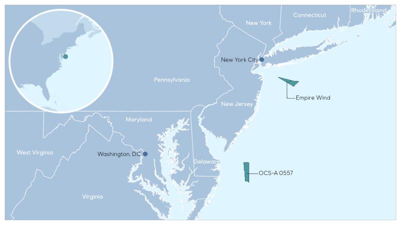 BOEM announced Aug. 14 that it had awarded a new offshore wind lease roughly 26 nautical miles due east of Delaware Bay to Norwegian-based power company Equinor. The company is already working on an offshore wind project in New York called Empire Wind. This map shows the existing project area and the area of coastal Delaware. EQUINOR IMAGE